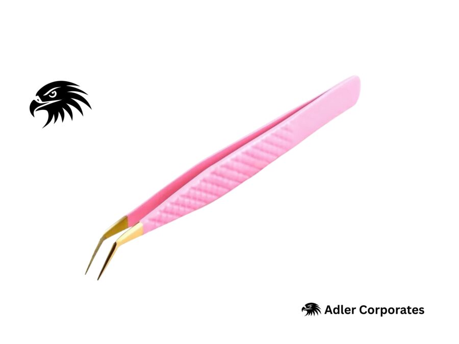 Golden tip, 45-degree angled pink color-coated tweezers for professional eyelash extension